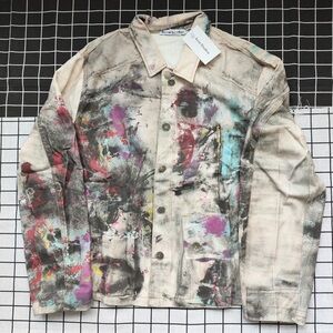 Acne Studios Cream Denim Jacket with Multicolor Paint Splatter